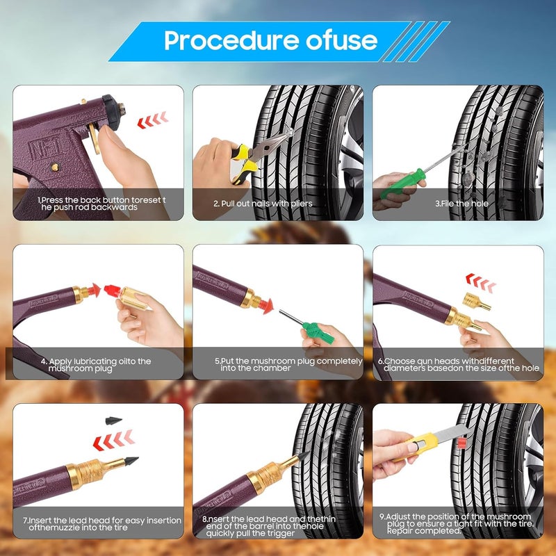 Lenareli Tubeless Tire Gun Puncture Repair Kit with Mushroom Plug (Gun Puncture kit 16 Plugs, Red for Tyre Punctures and Flats on Cars, Motorcycles, ATV, Trucks & Tractors - Image 3